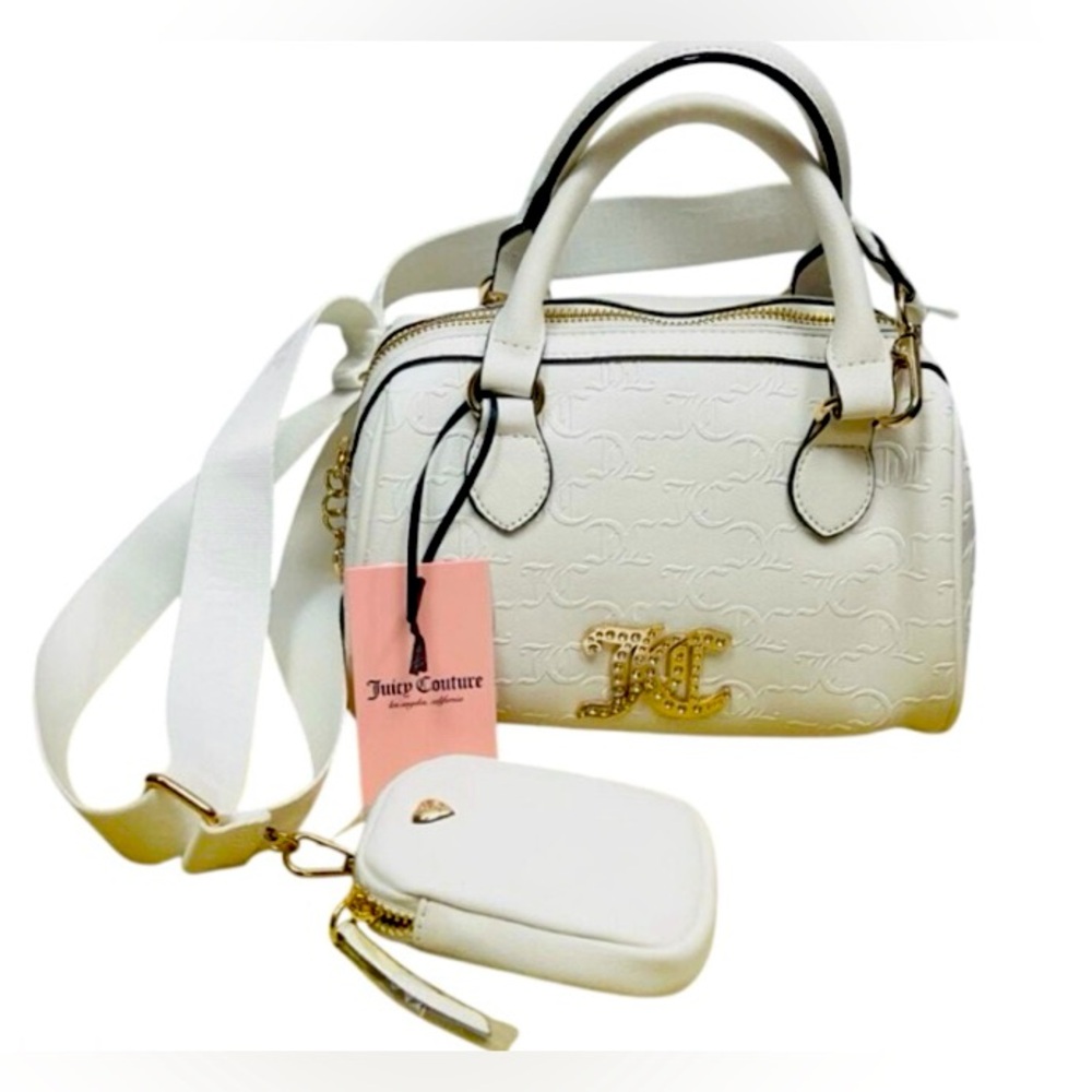 JUICY COUTURE Monogram/Gold White Satchel Bag With Bonus Mini Bag NWT - Picture 3 of 14